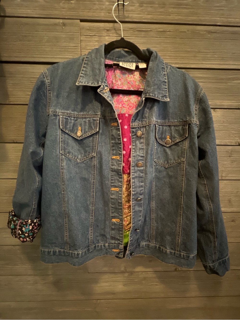 Chico's 100% Cotton Blue Denim Jacket with 100% Silk Lined Patchwork Interior